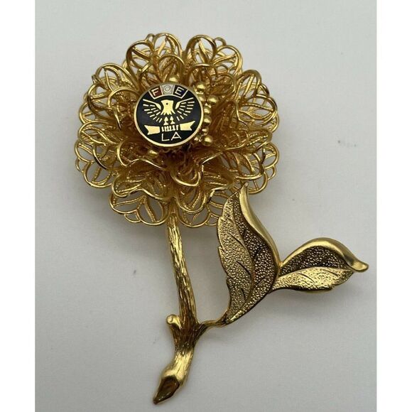 Vintage Gold Tone FOE Eagle LA Flower Brooch Pin - Picture 1 of 9